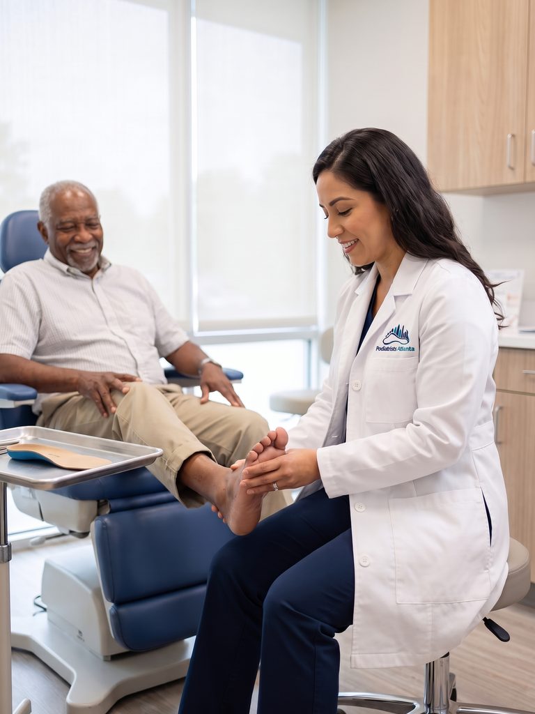 Podiatrist examining a patient's foot in Atlanta